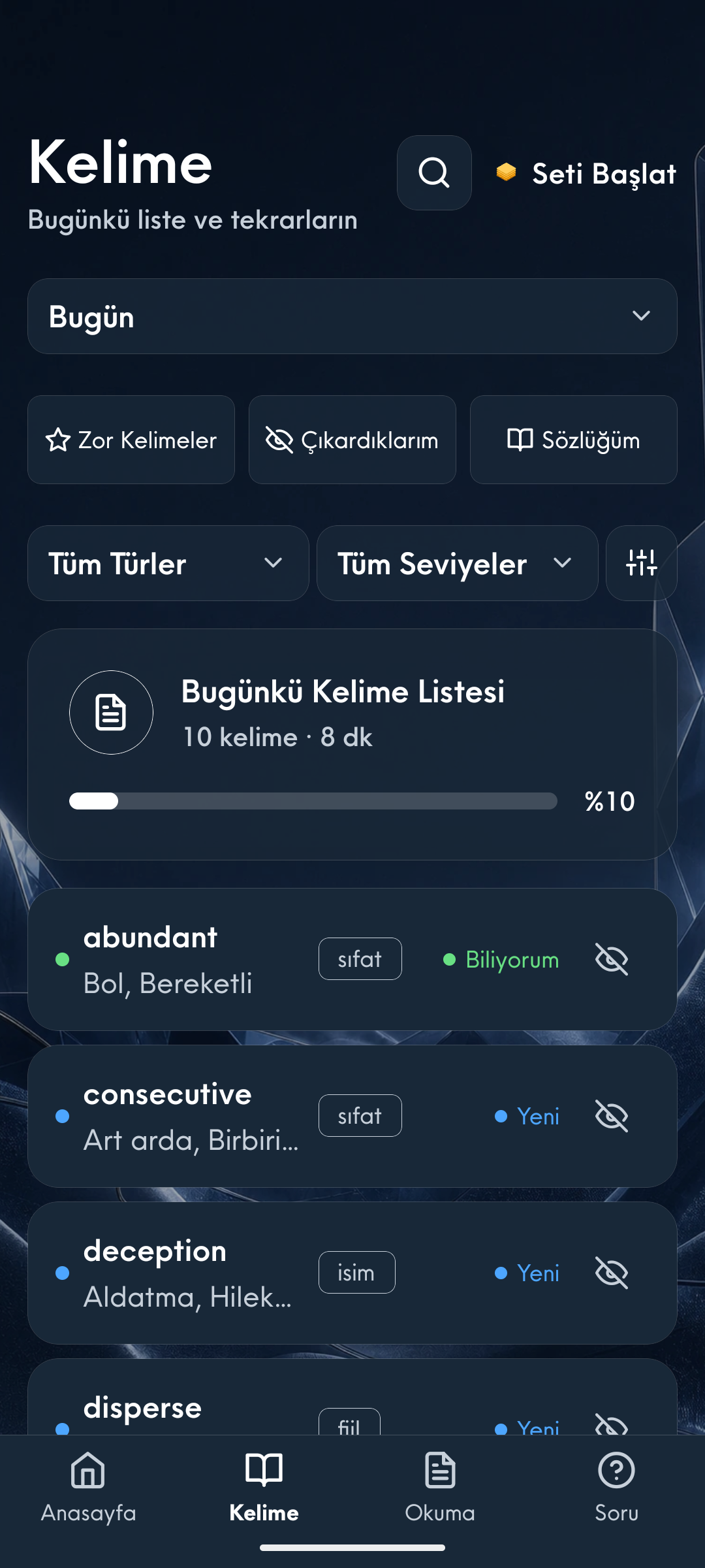 Görsel, bağlam ve aralıklı tekrar destekli kelime çalışma ekranı