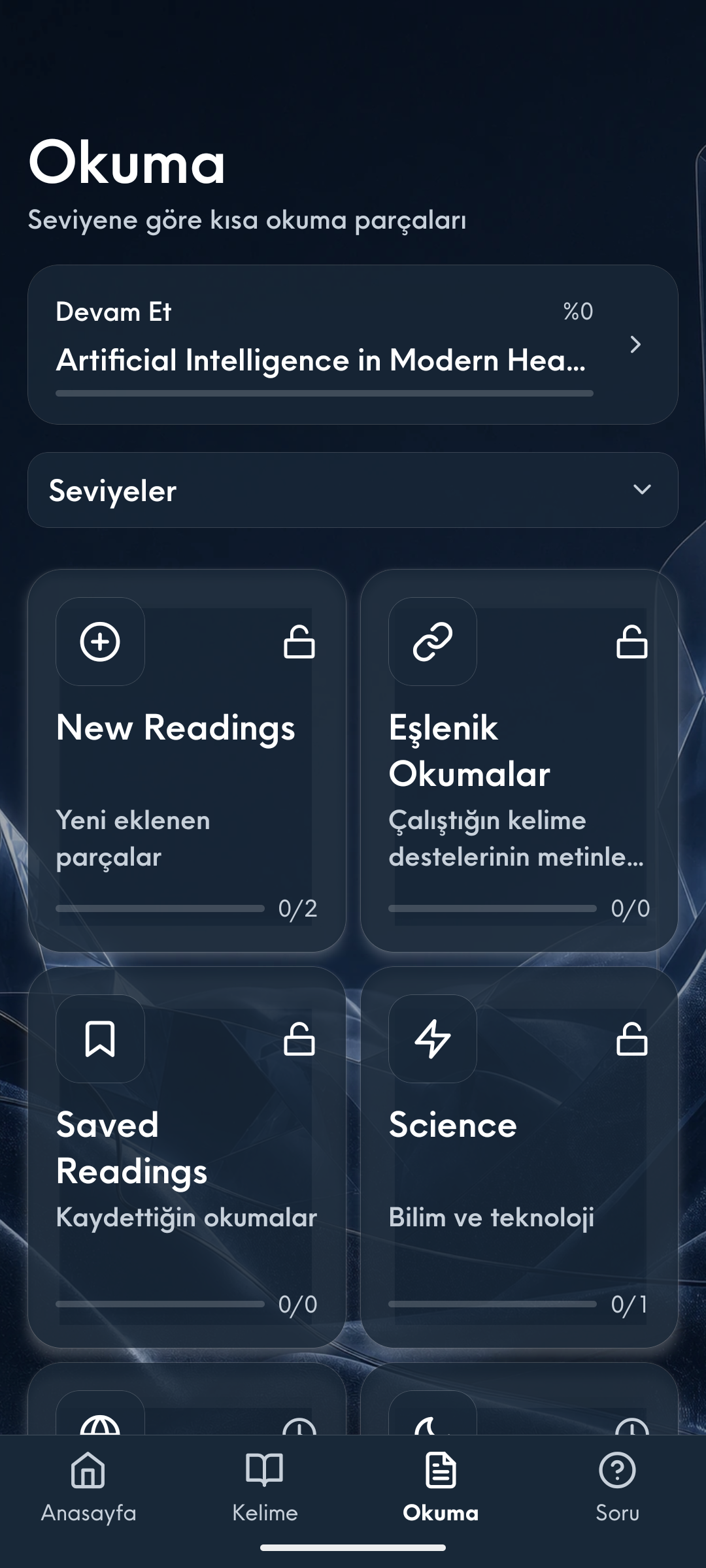 Seviyeye göre dolu okuma kütüphanesi ve günlük metin önerisi