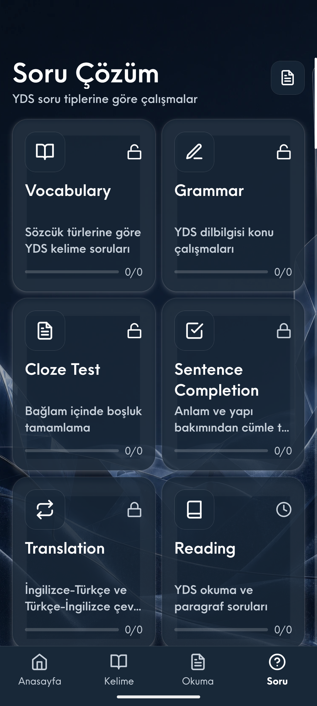 On soru türünü ve haftalık sonuçları birleştiren soru çözüm ekranı
